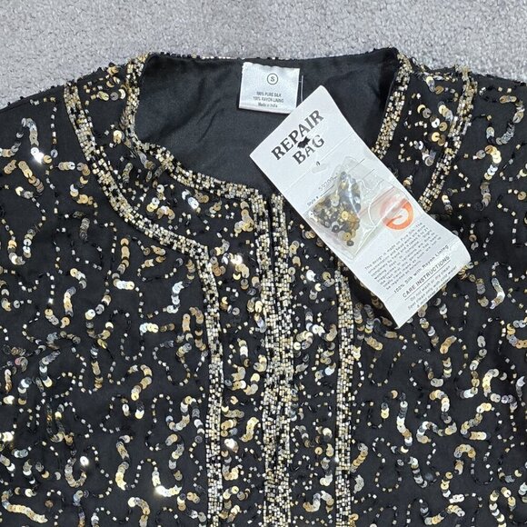 Vintage NWT Pure Silk Black Sequin Beaded Jacket Rare Unique Unbranded - Picture 4 of 9